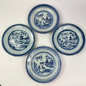 Antique Chinese Canton Blue White Export 4 Plates Qing Circa 18th C Hand Painted